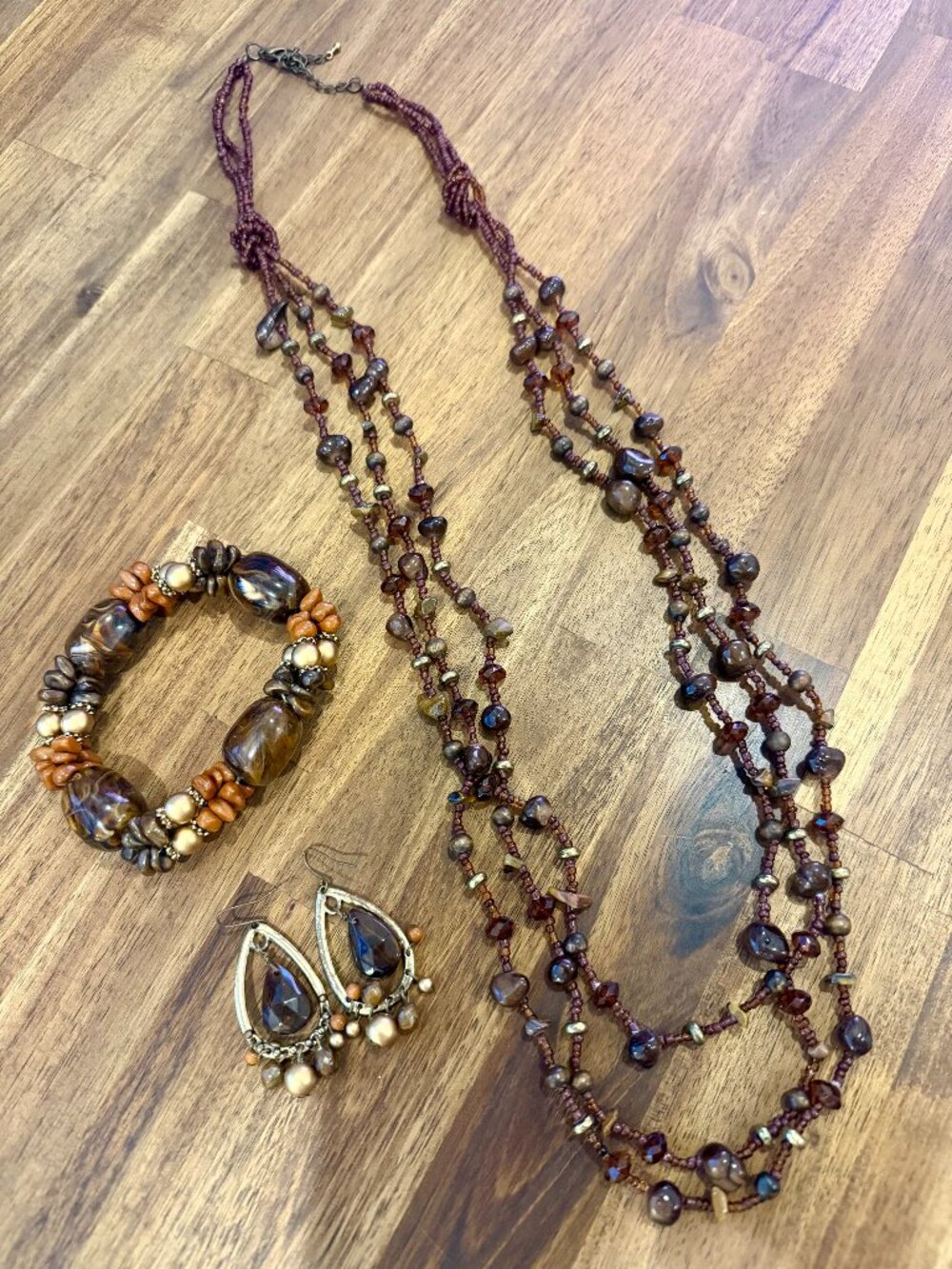 Boho Earth Tone Jewelry Bundle | Necklace, Stretch Bracelet & Earrings | Boutiqu